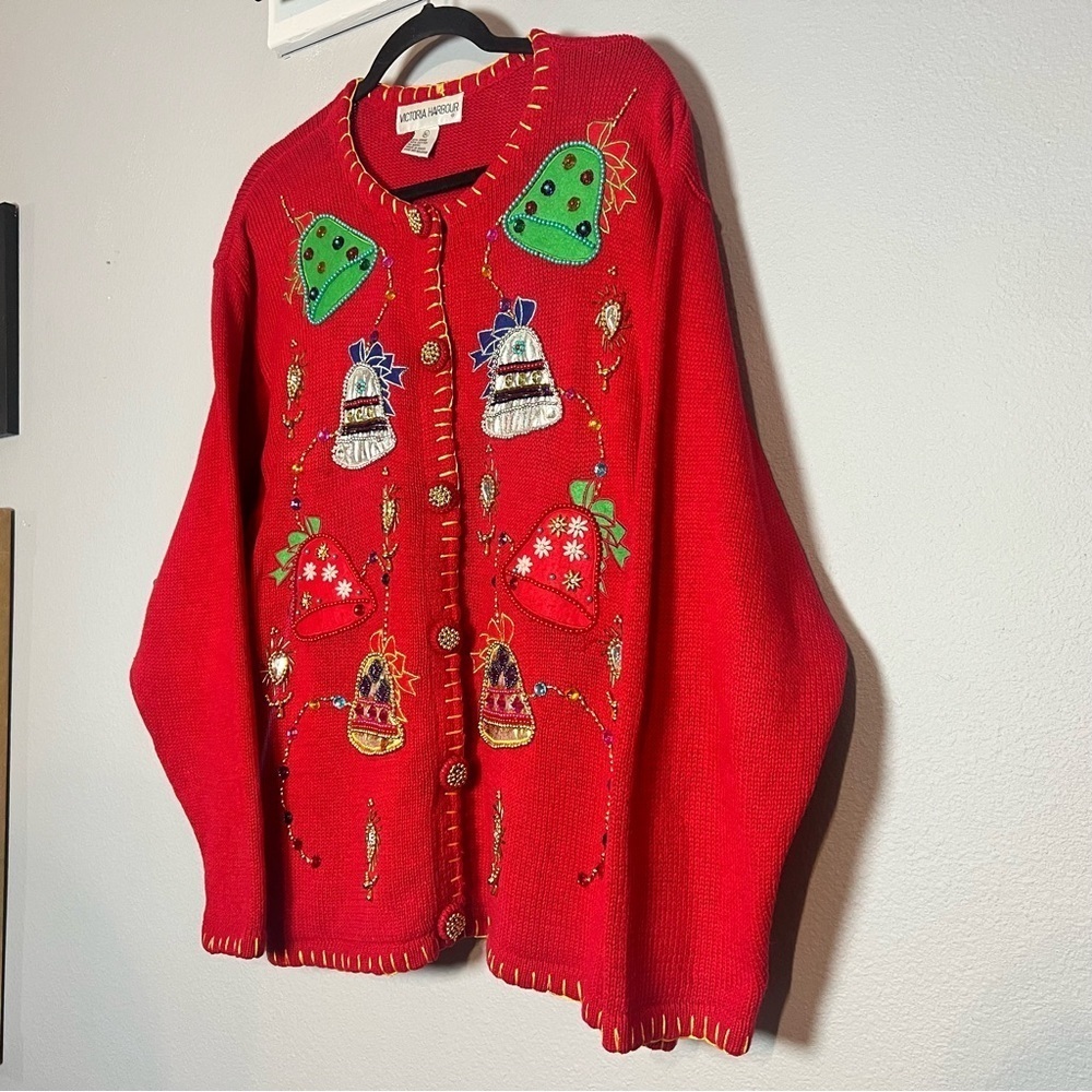 Vintage Red Christmas Holiday Cardigan Ugly Sweater Size XL Bead Bedazzled